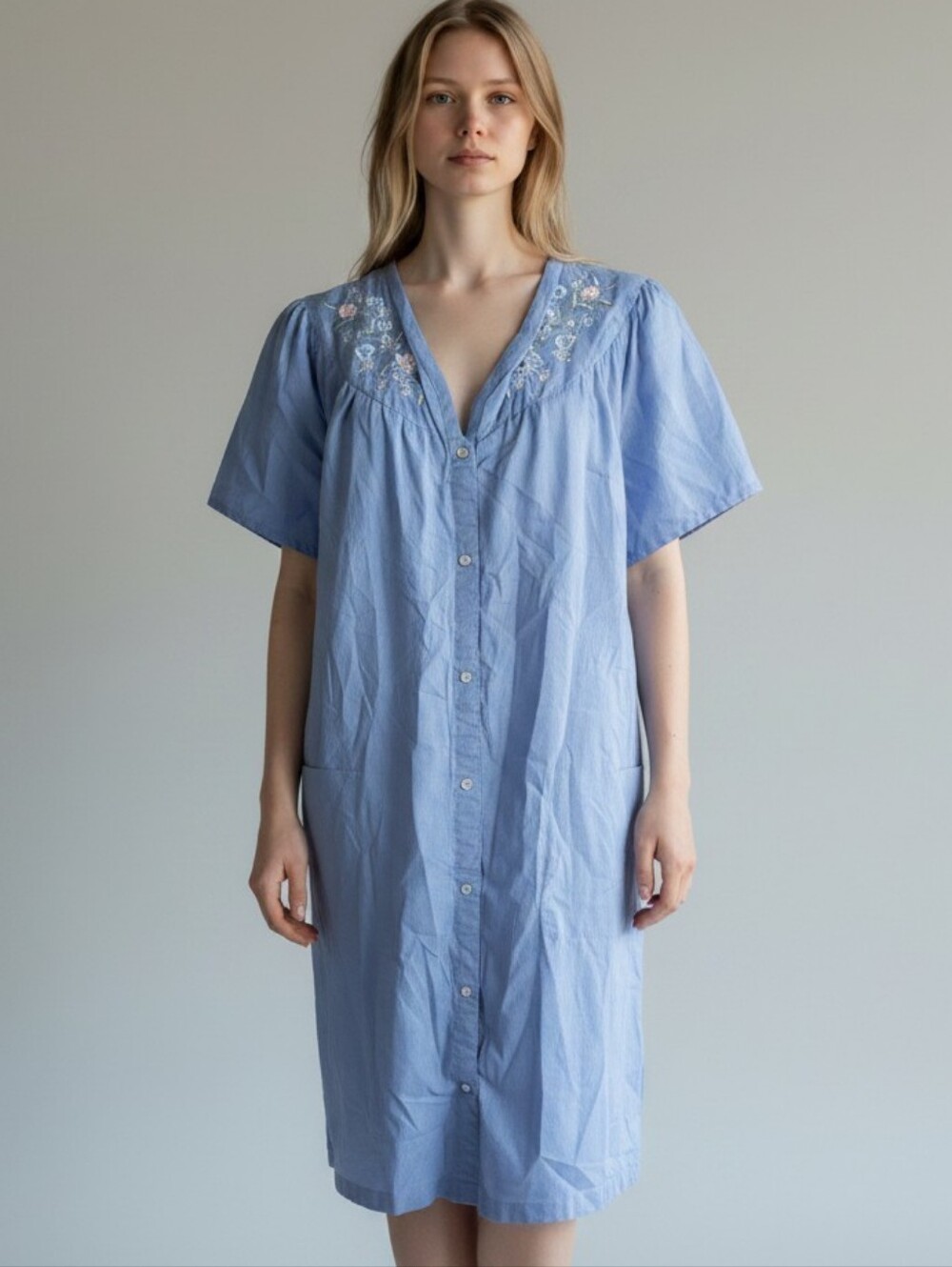 Ashley Taylor Blue Button-Up Nightshirt with Floral Embroidery, Size Small